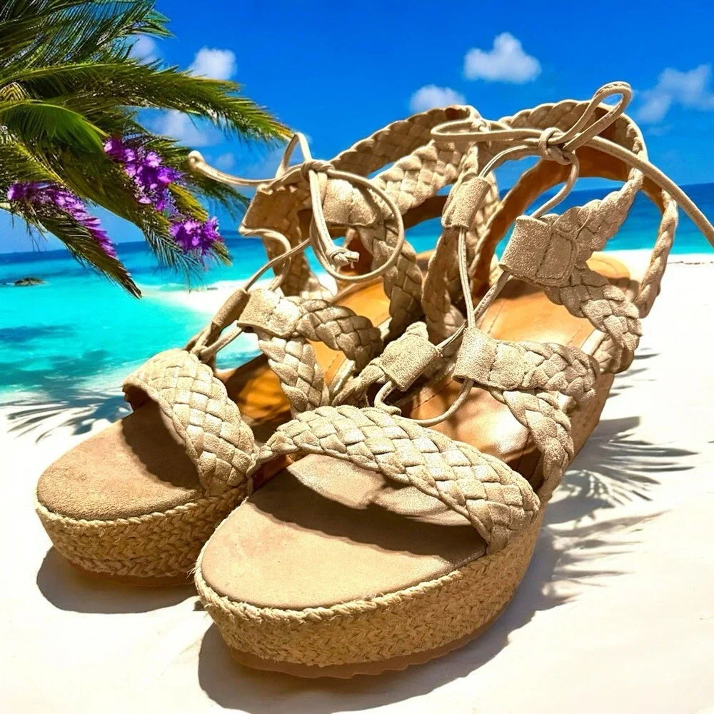 Trask Patrice Braided Wedge Platform Sandals Gold Shimmer‎ Size 9 Coastal Boho